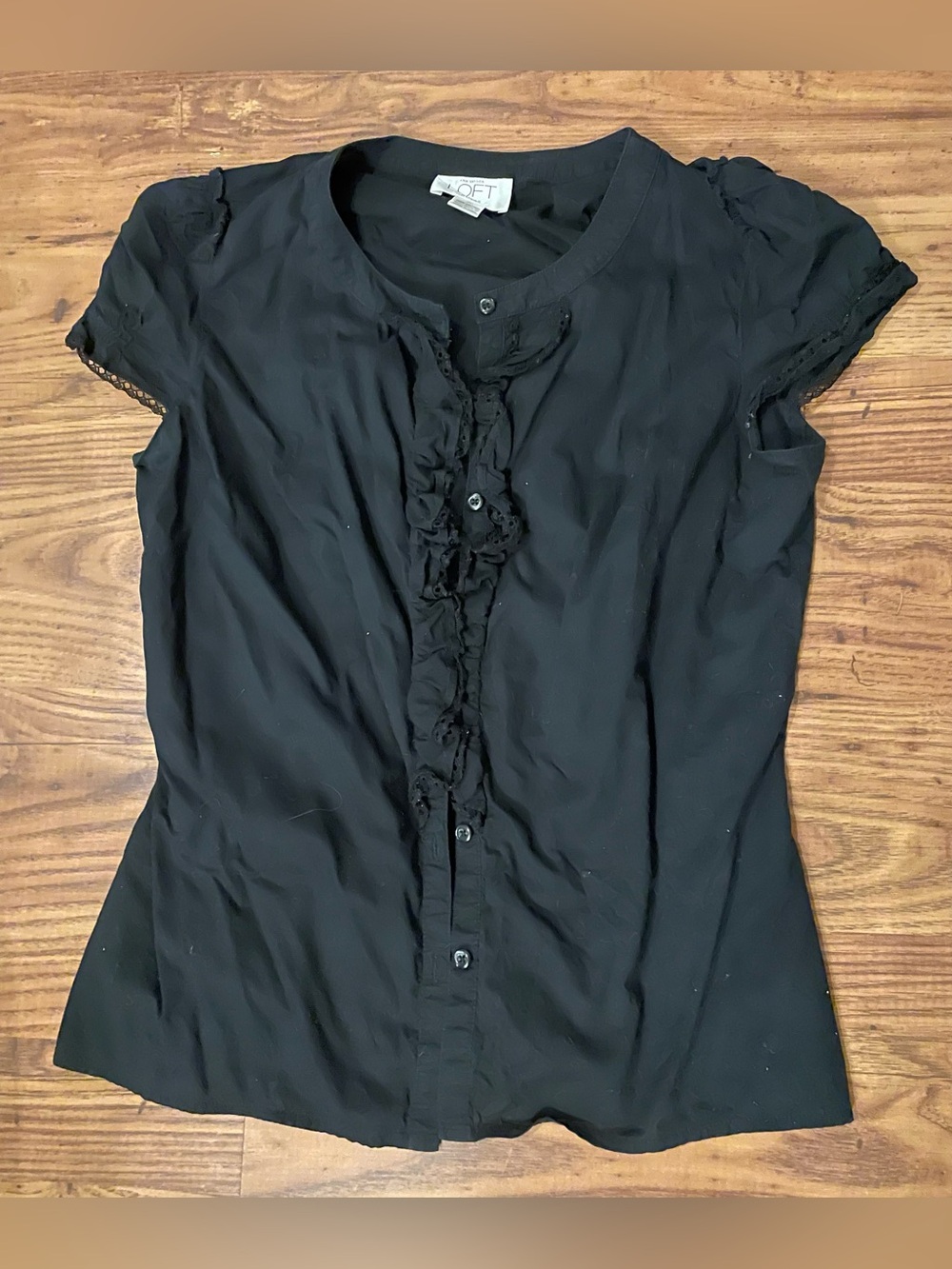 LOFT Black Ruffle Front Short Sleeve Blouse with Lace Trim